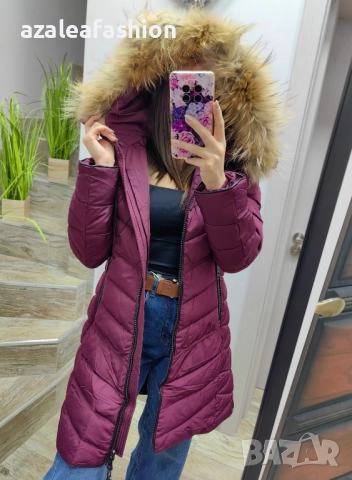 Дълго зимно яке с естествен косъм бордо, снимка 6 - Якета - 52686512
