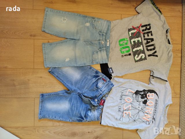 2 чифта дънкови панталонки и 2 тениски, размер 128, снимка 1 - Детски панталони и дънки - 46330958