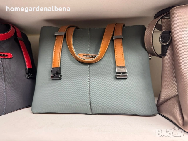 Дамска чанта тоут сиво-зелена сейдж текстил кафяви дръжки сребристи детайли