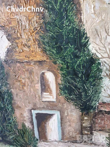 Teck 69х59см/стара картина масло върху платно/пейзаж-кула-градина/дървена рамка, снимка 6 - Картини - 51358094