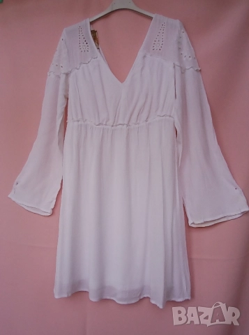 Дамска кенарена рокля с дълъг ръкав и остро деколте с бродерия., снимка 2 - Рокли - 51507220