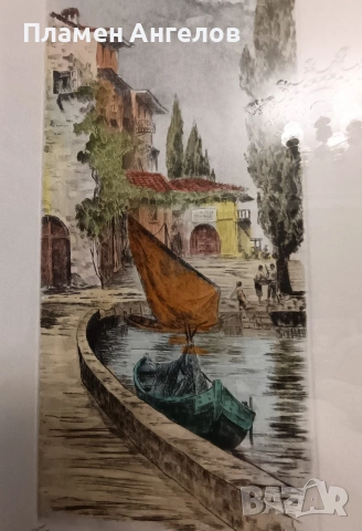 Оригинален цветен автентичен офорт, графика "Lago Di Sacha" , снимка 2 - Картини - 54060971