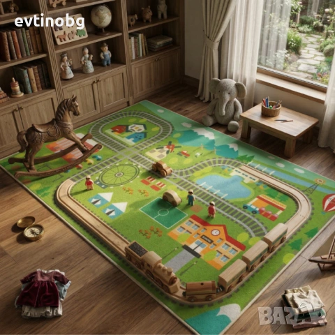 Детски килим "ЖП Гара" 120х160см – Яркозелен с влакчета и релси, Противоплъзгащ и Миещ се, снимка 3 - Други - 53881659