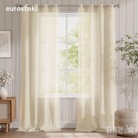 Комплект от 2 светлобежови прозрачни воалирани завеси с капси, за хол, спалня, 260 x 140 см (В x Ш) 