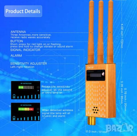 Професионален 3хАнтени 1-8000MHz Мощен CDMA RF GPS WiFi Скрита Камера Детектор Аудио Бръмбари Тракер, снимка 5 - Други - 30528336