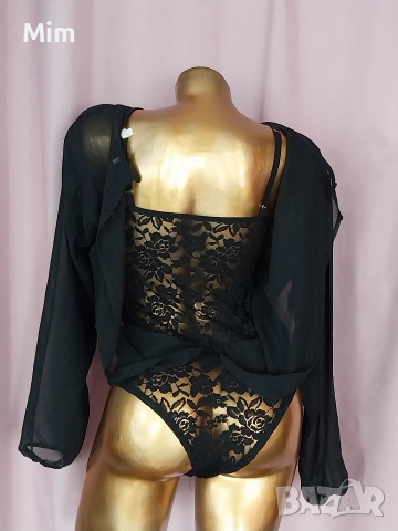 М Черно дантелено боди с дълъг ръкав от прозрачна материя , снимка 3 - Бельо - 54211020