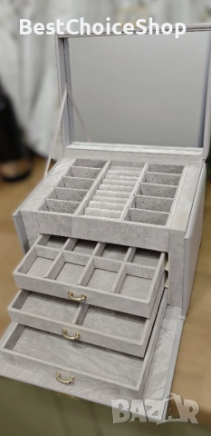 Голяма кутия за бижута от PU кожа с огледало – 4 нива, кадифена подплата, снимка 5 - Бижутерийни комплекти - 53068087