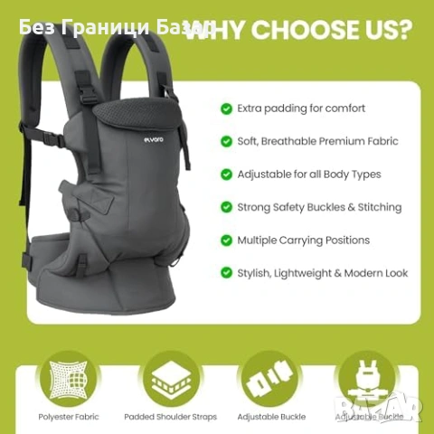 Нова Бебешка раница за носене регулируема с колан и джобове сиво кенгуру за бебе и малко дете, снимка 2 - Други - 54110073