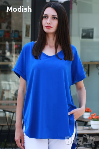 Памучна изчистена дамска блуза с къси ръкави 7043, снимка 3 - Тениски - 50696282