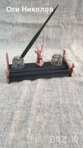 Стара антична мастилница от метал,дърво и кристал