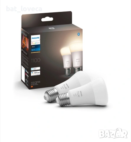 Комплект от 2 смарт LED крушки Philips Hue, Bluetooth, Zigbee, A60, E27, 9.5W (75W), 1055 лумена, То