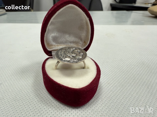 Гръцки сребърен пръстен с монета - Александър III. №7660, снимка 2 - Пръстени - 52624382