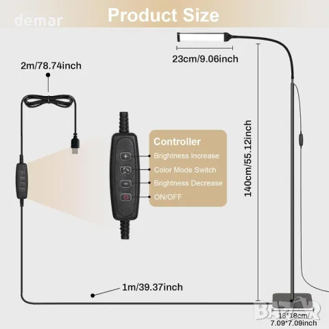 BTTO LED подова лампа, димируема, черна, с 3 цветни температури, 5 волта (USB), снимка 5 - Лед осветление - 47109773