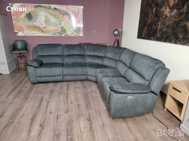 Сив ъглов диван от плат с електрически релаксиращ механизъм, снимка 5 - Дивани и мека мебел - 53833745