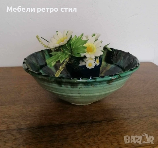 Ръчно изработена керамична купа, уникат с ефектна многоцветна глазура в зелено, синьо, жълто., снимка 4 - Декорация за дома - 52708611