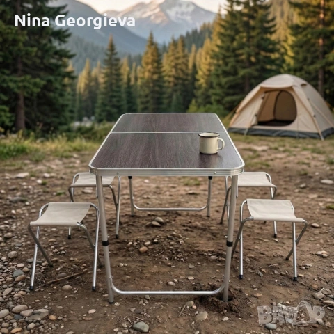 Комплект сгъваема къмпинг маса с 4 стола, регулируема височина, дизайн "куфар" в сив цвят, снимка 2 - Други стоки за дома - 53953735