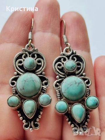 Масивни сребърни обеци с Тюркоази, снимка 2 - Обеци - 52378776