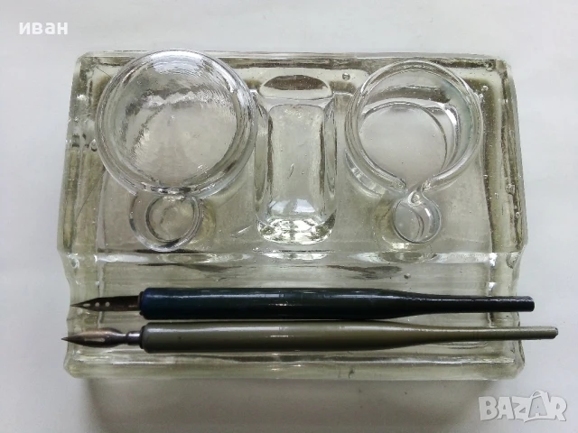 Стара стъклена мастилница + две писалки, снимка 2 - Антикварни и старинни предмети - 50486629