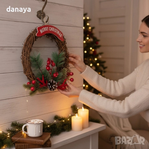 6252 Коледен венец за врата Merry Christmas, 22 см, снимка 3 - Декорация за дома - 52401234