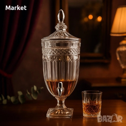 Луксозен стъклен диспенсър за сок и напитки 3L с капак и кранче