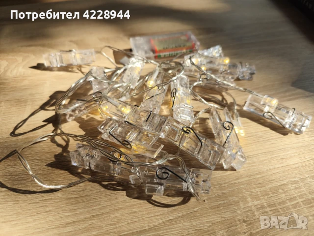 Коледни LED щипки за снимки – 2м гирлянд с батерии, топла светлина