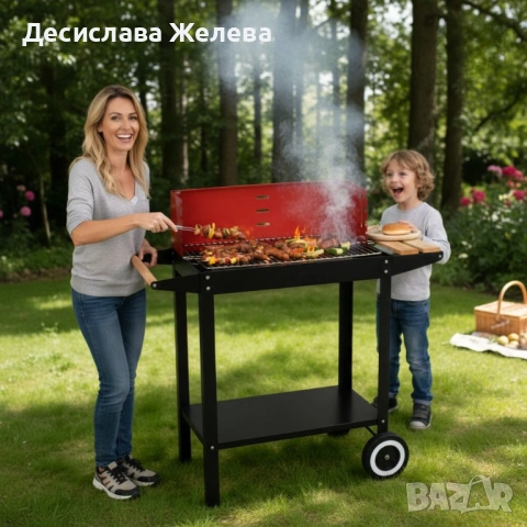 Градинско барбекю на колела, емайлирана стомана, 4 степени + Подарък 3 прибора, снимка 5 - Барбекюта - 54171053