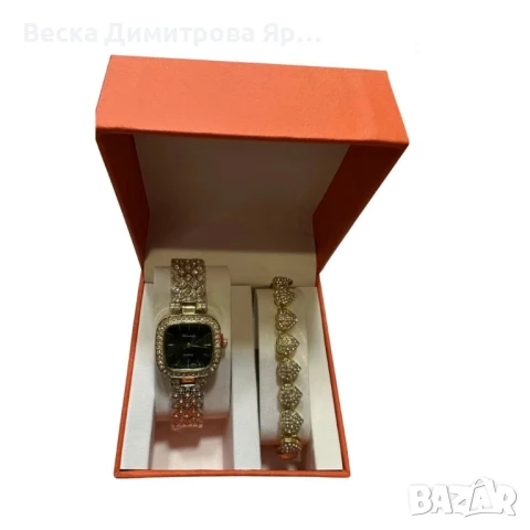 Комплект часовник + гривна – Луксозен стил с камъни, снимка 4 - Бижутерийни комплекти - 50886582