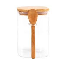 Стъклен квадратен буркан с бамбукова лъжичка и бамбуков капак със силиконово уплътнение,12,5х10см, снимка 1 - Аксесоари за кухня - 45525690