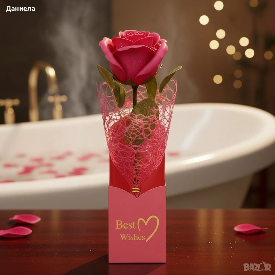 Декоративна единична роза в подаръчна кутия „Best Wishes“, снимка 1