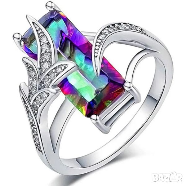 Цветен луксозен правоъгълен дамски пръстен с кубичен циркон, снимка 1