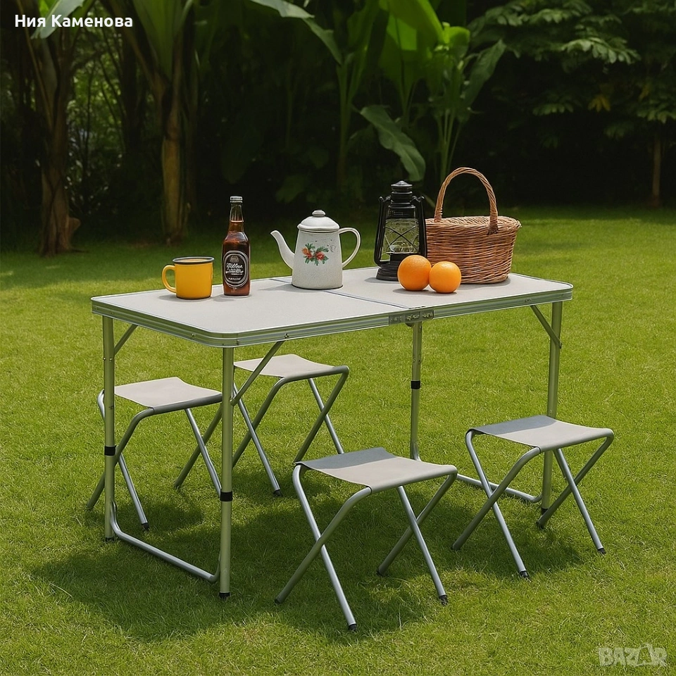 Комплект сгъваема алуминиева маса с 4 стола – идеален за къмпинг, двор и почивка, снимка 1