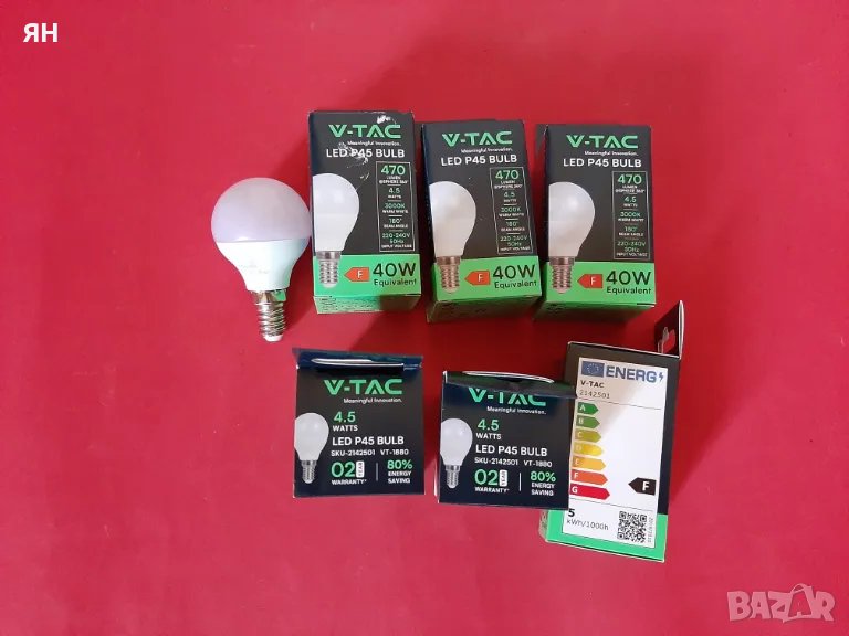 LED Лампи Крушки V-TAC -220V-4.5W,3000K,E14-6 броя, снимка 1