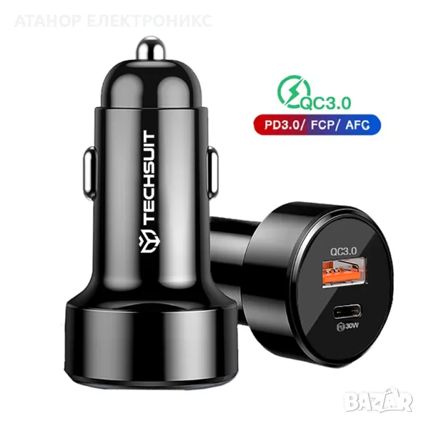 Зарядно за кола /Techsuit - Car Charger Premium-USB-A,QC 3.0,USB-C, 38W - Black, снимка 1