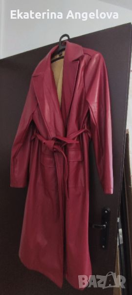 Червено дълго кожено палто бордо, размер ХХЛ XXL без подплата, снимка 1