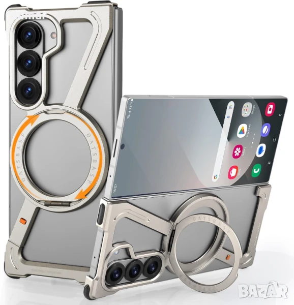 XAOVUIR калъф за Samsung Galaxy Z Fold 6 с магнитна въртяща се стойка, сребрист, снимка 1