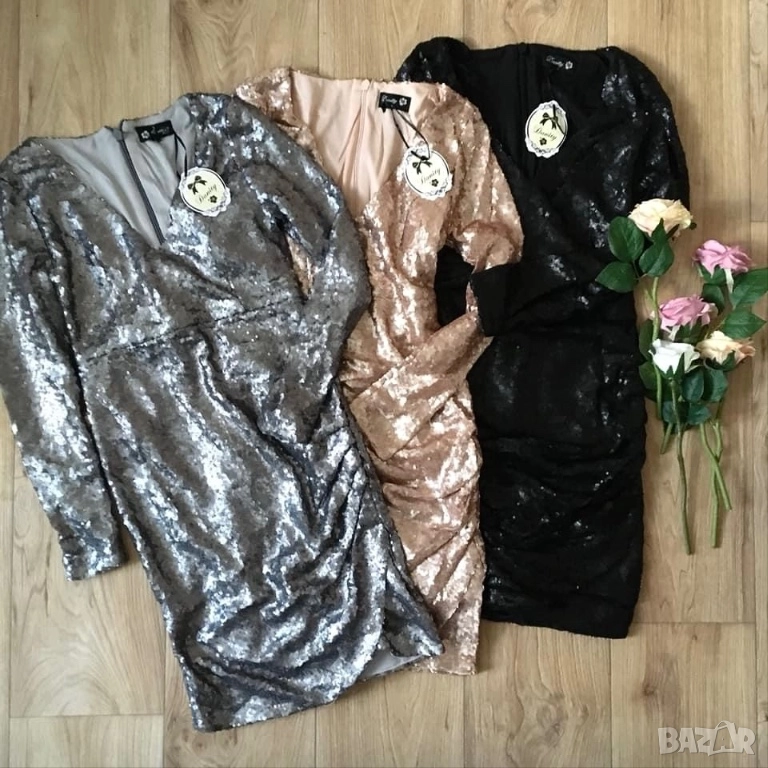 Разпродажба! Рокля с пайети пайетена рокля официална рокля дълъг ръкав черна сребърна златна Нова, снимка 1