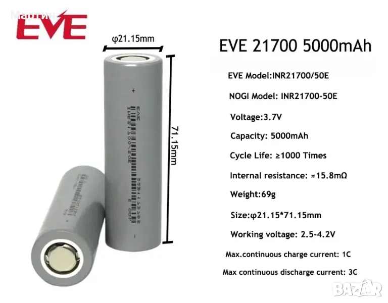 Батерия EVE 50E 21700 5000mah 15А, снимка 1