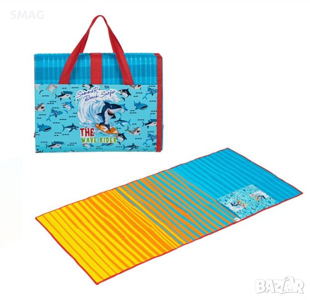 Плажна постелка Единична чанта Детски сини жълти акули 150x75cm, снимка 1