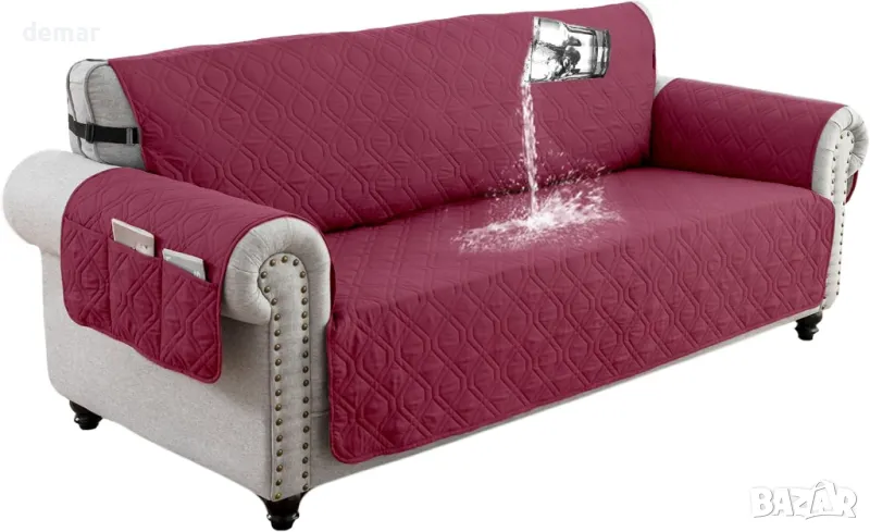 ‎QQJIN 100% водоустойчив калъф за диван с 3 места, 6 джоба, червен, снимка 1