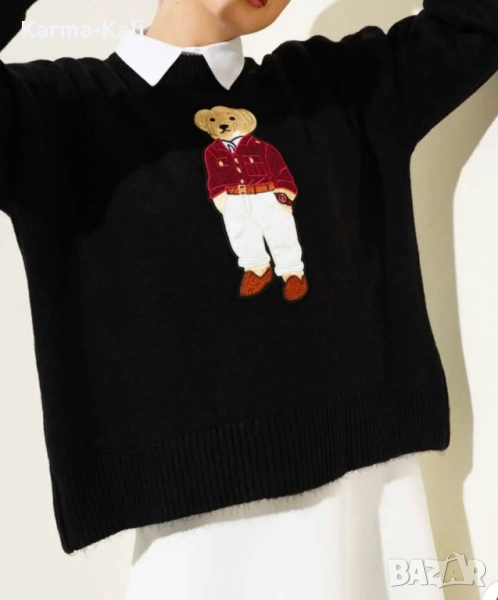 нов черен пуловер с мече, снимка 1