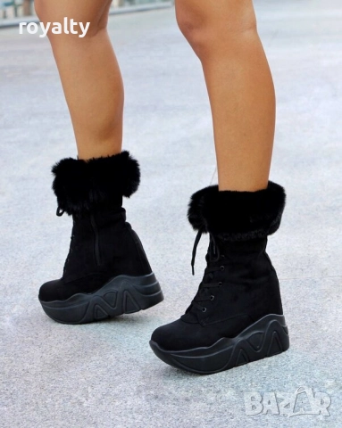 Боти на Платформа - Черен Велур с Черен Пух и Черно Ходило 