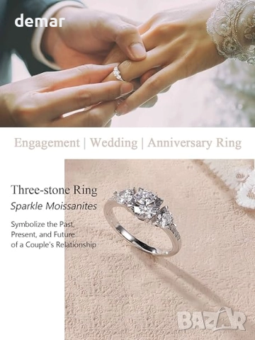 Дамски пръстени с три камъка моисанит 1.87 карата, масивно сребро 925, размер 4-11, снимка 3 - Пръстени - 51481346