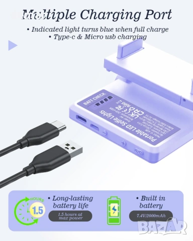 60 LED преносима селфи лампа с щипка и адаптер за статив, 2000mAh CRI 97+, лилава, снимка 4 - Селфи стикове, аксесоари - 54054542