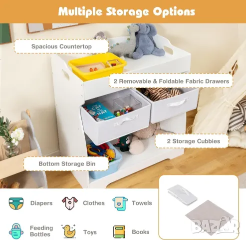 Дървена масичка за повиване, поставка за бебешки пелени с 2 чекмеджета, снимка 7 - Шкафове - 49680744