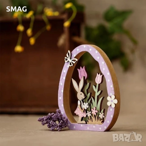 Великденска дървена декорация – лилаво яйце на точки, зайче и цветя, 13x1.5x10.5 см._1233647