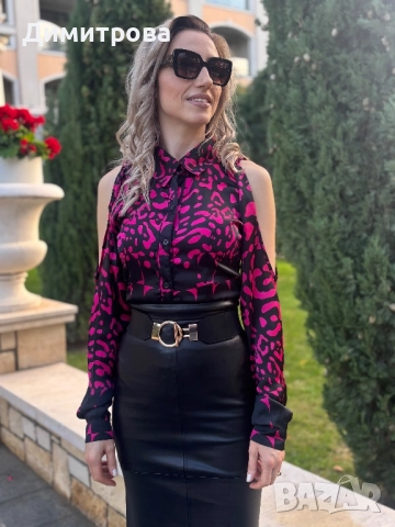Дамска  черно с розово сатенена риза с  животински принт  голи рамене XS-XL, снимка 4 - Ризи - 49522033