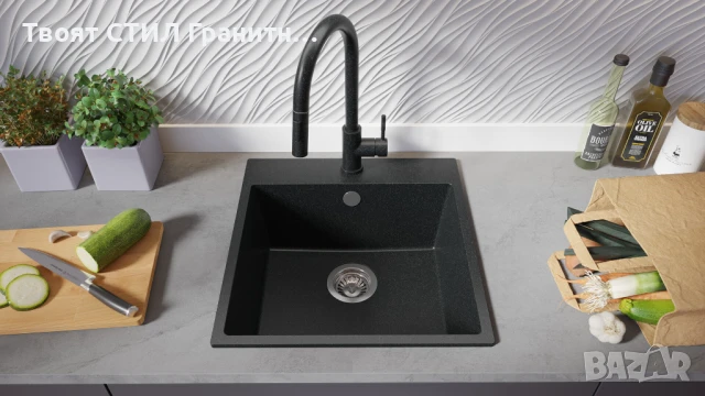 Графит кухненска мивка от гранит Рига 50 XL 480 x 500 мм, снимка 3 - Мивки - 50846640
