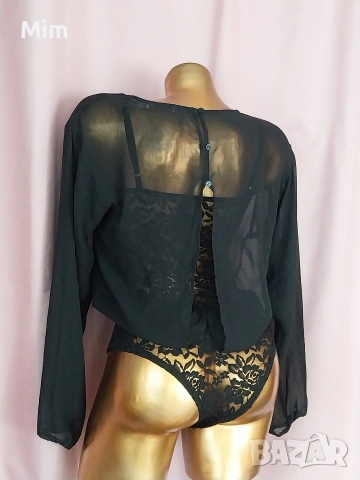 М Черно дантелено боди с дълъг ръкав от прозрачна материя , снимка 5 - Бельо - 54211020