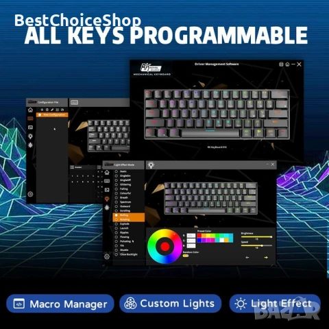 Геймърска клавиатура RK Royal Kludge RK61, Механична, Безжична, Bluetooth, 2.4GHz, 61 клавиша, RGB, снимка 10 - Клавиатури и мишки - 53614642