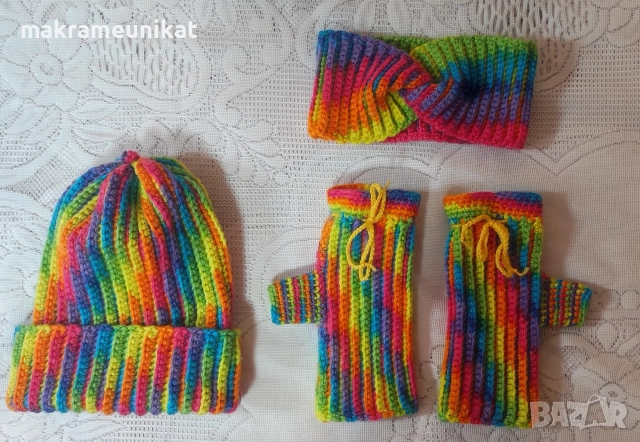 Комплект, лот шапка, ръкавици без пръсти, и лента за глава, нов, ръчно плетиво , снимка 6 - Шапки - 52865882